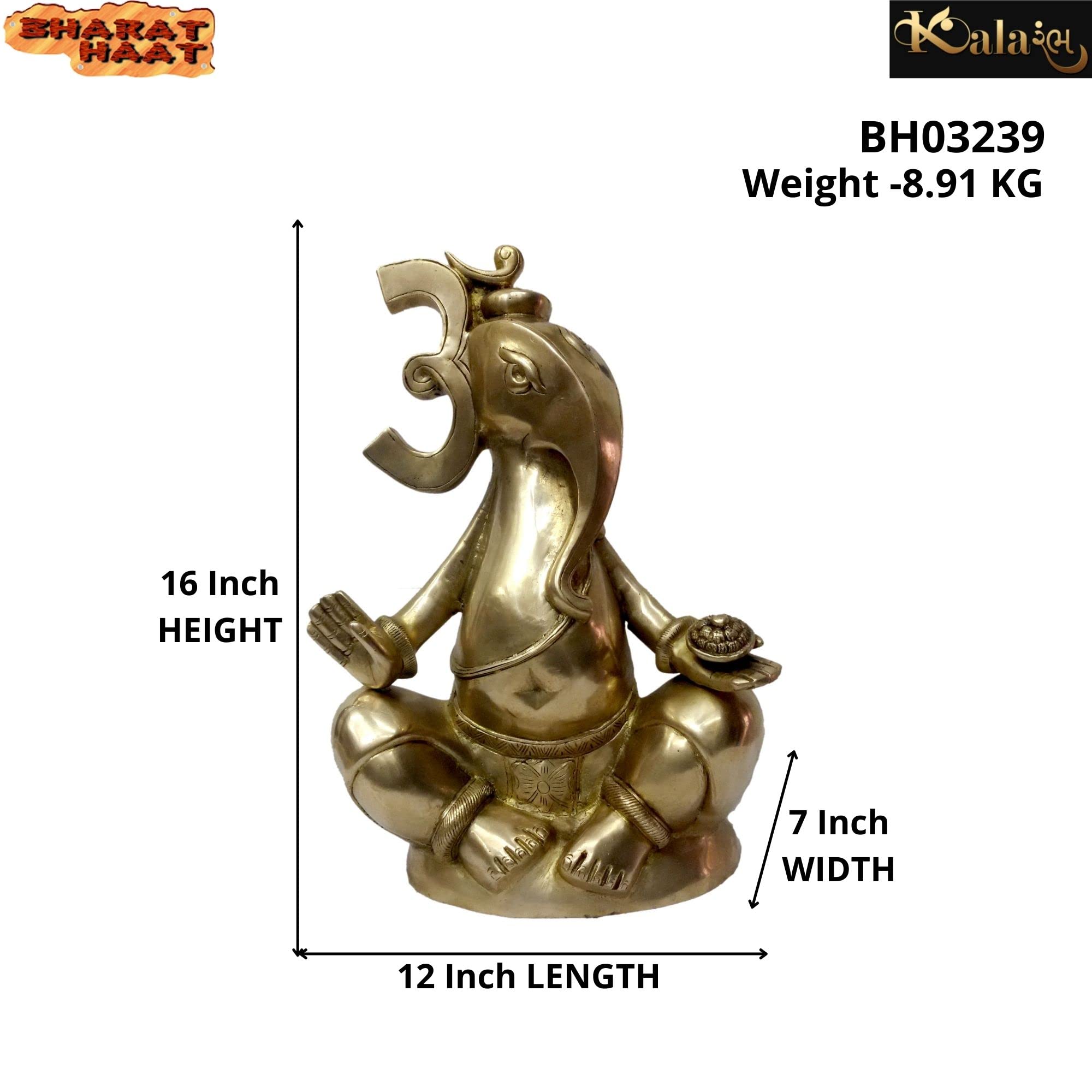 Kalarambh Brass Om Ganesha/Ganesh/Ganpati Idol Murti Statue For Home Pooja Puja Mandir Decor Collectible Handicraft Art, Yellow,